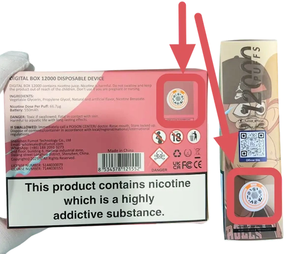 Fumot Sicherheitscode und QR-Code auf der Verpackung